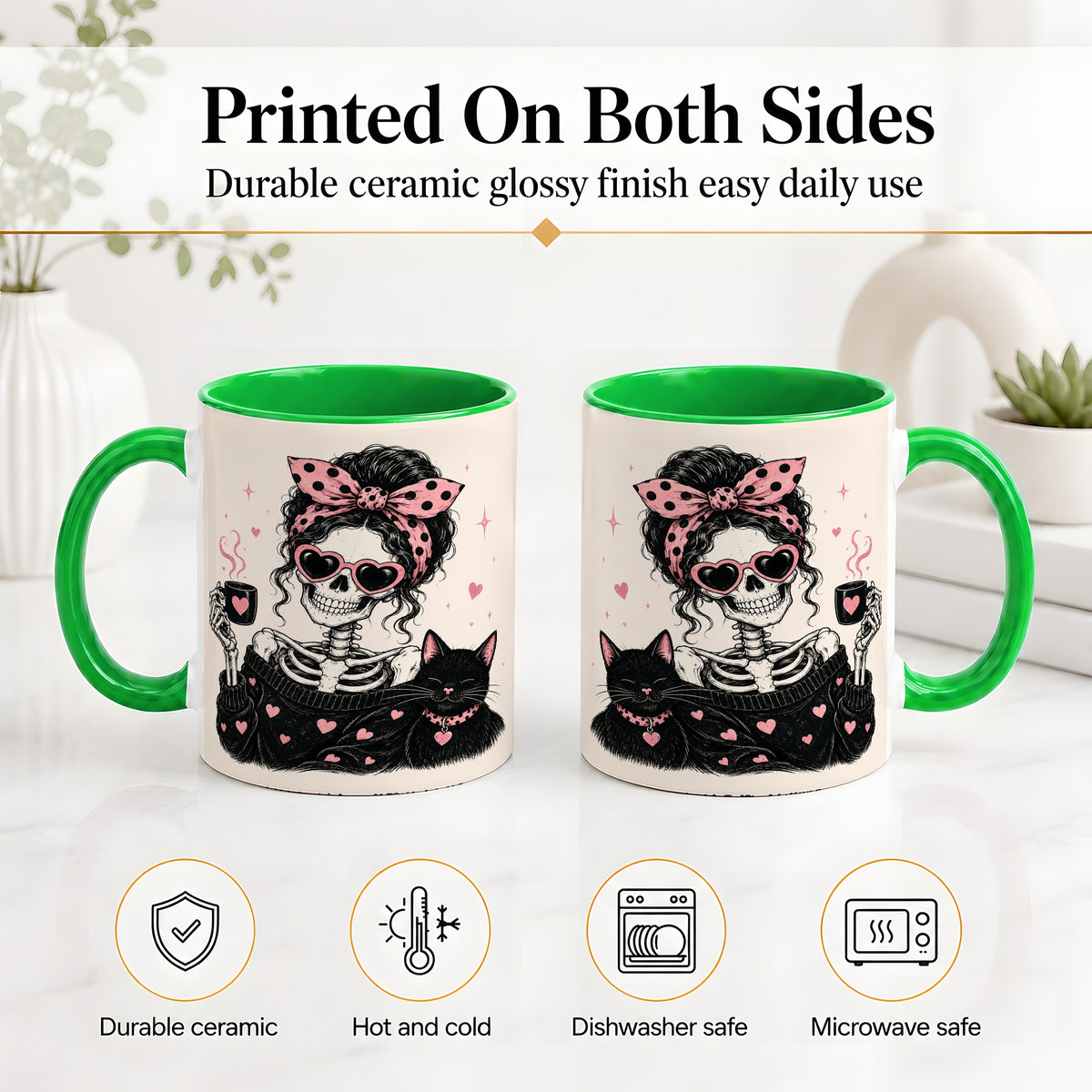 #pl[11oz|Green] Pink Skeleton Cat Ceramic Mug, Heart Glasses Coffee Artwork