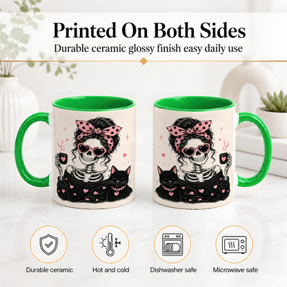 #pl[11oz|Green] Pink Skeleton Cat Ceramic Mug, Heart Glasses Coffee Artwork