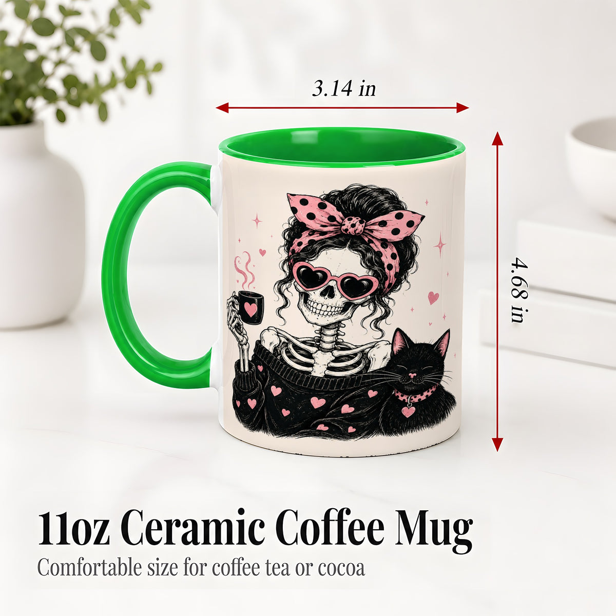#pl[11oz|Green] Pink Skeleton Cat Ceramic Mug, Heart Glasses Coffee Artwork