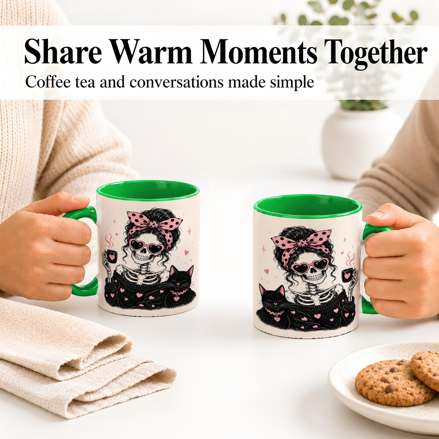 #pl[11oz|Green] Pink Skeleton Cat Ceramic Mug, Heart Glasses Coffee Artwork