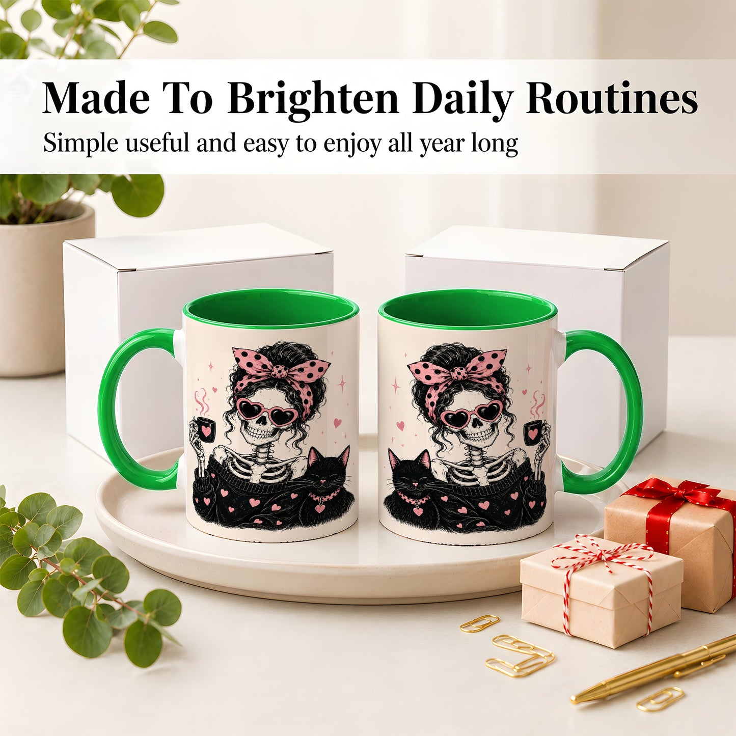 #pl[11oz|Green] Pink Skeleton Cat Ceramic Mug, Heart Glasses Coffee Artwork