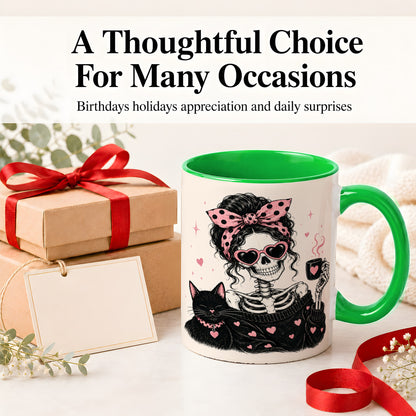 #pl[11oz|Green] Pink Skeleton Cat Ceramic Mug, Heart Glasses Coffee Artwork
