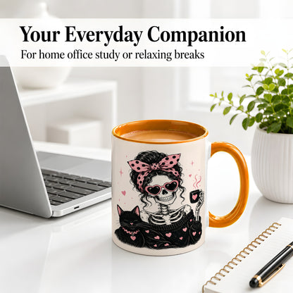 #pl[11oz|Orange] Pink Skeleton Cat Ceramic Mug, Heart Glasses Coffee Artwork