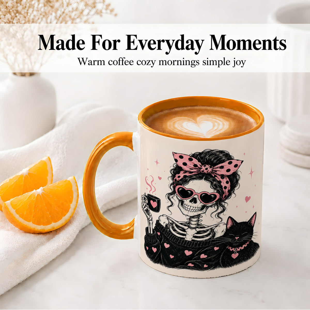 #pl[11oz|Orange] Pink Skeleton Cat Ceramic Mug, Heart Glasses Coffee Artwork