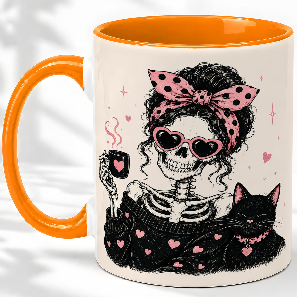#pl[11oz|Orange] Pink Skeleton Cat Ceramic Mug, Heart Glasses Coffee Artwork