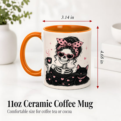 #pl[11oz|Orange] Pink Skeleton Cat Ceramic Mug, Heart Glasses Coffee Artwork
