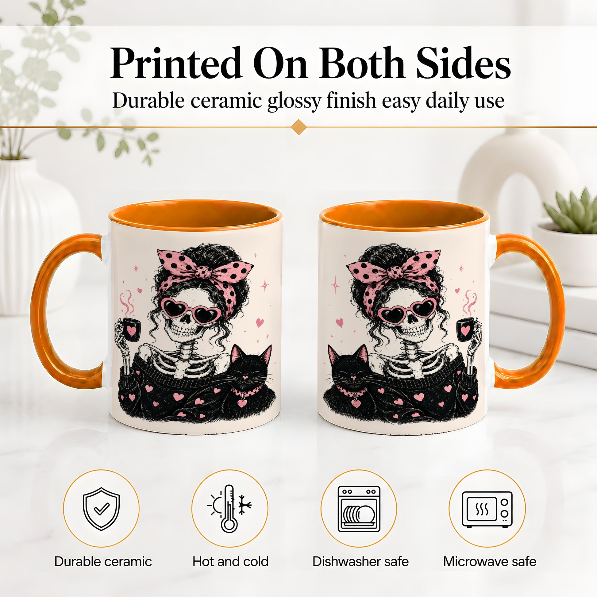 #pl[11oz|Orange] Pink Skeleton Cat Ceramic Mug, Heart Glasses Coffee Artwork