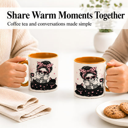 #pl[11oz|Orange] Pink Skeleton Cat Ceramic Mug, Heart Glasses Coffee Artwork