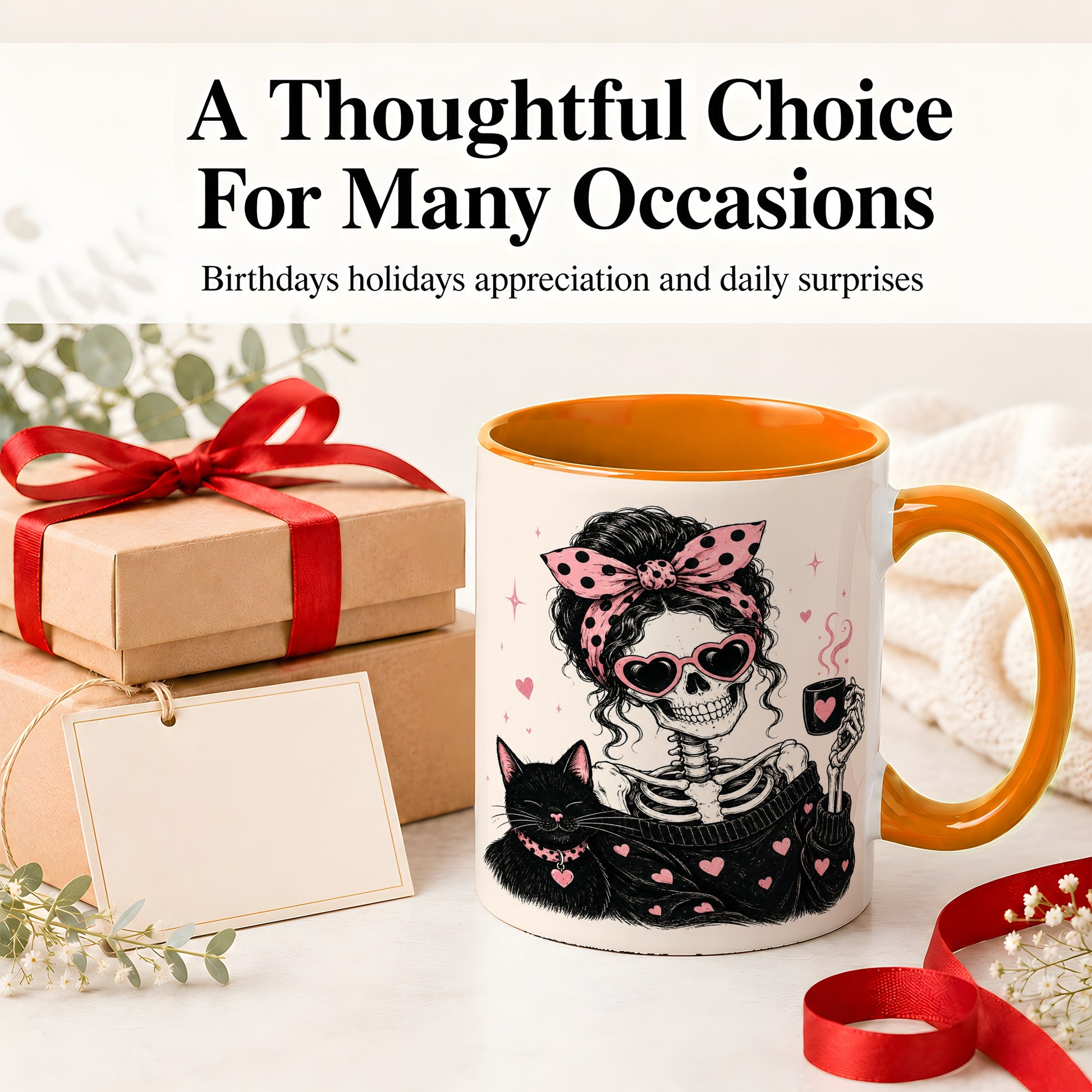 #pl[11oz|Orange] Pink Skeleton Cat Ceramic Mug, Heart Glasses Coffee Artwork
