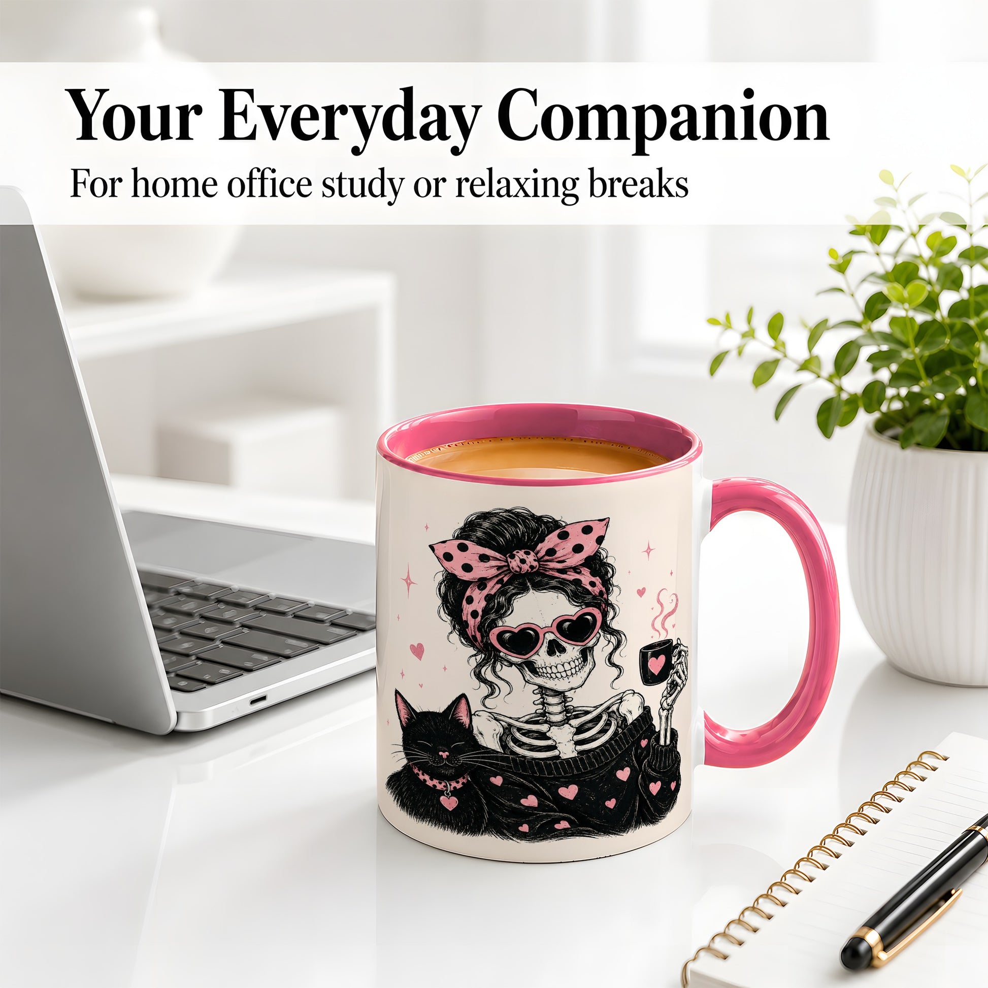 #pl[11oz|Pink] Pink Skeleton Cat Ceramic Mug, Heart Glasses Coffee Artwork
