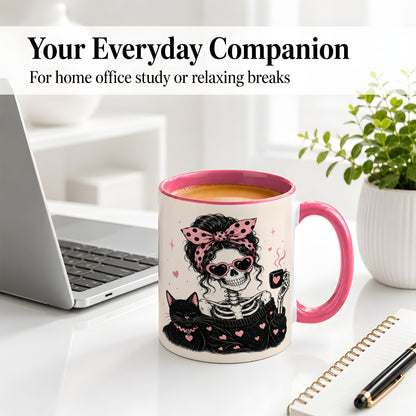 #pl[11oz|Pink] Pink Skeleton Cat Ceramic Mug, Heart Glasses Coffee Artwork