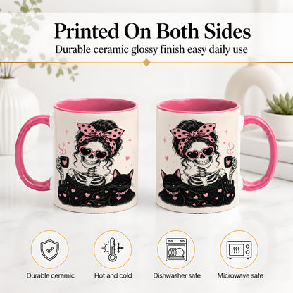 #pl[11oz|Pink] Pink Skeleton Cat Ceramic Mug, Heart Glasses Coffee Artwork