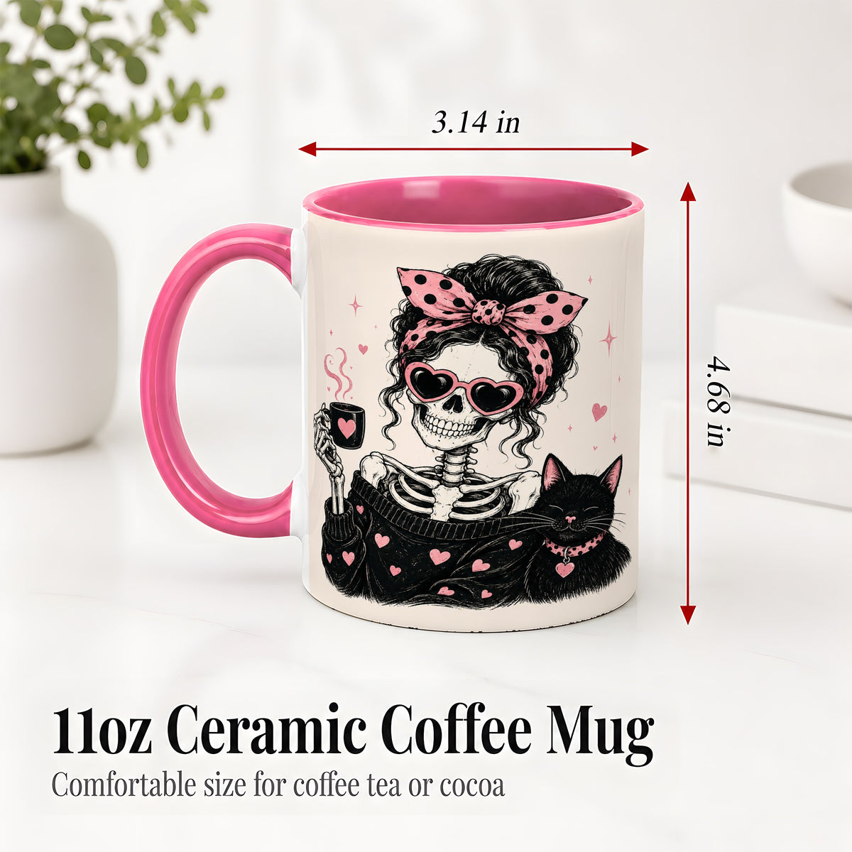 #pl[11oz|Pink] Pink Skeleton Cat Ceramic Mug, Heart Glasses Coffee Artwork