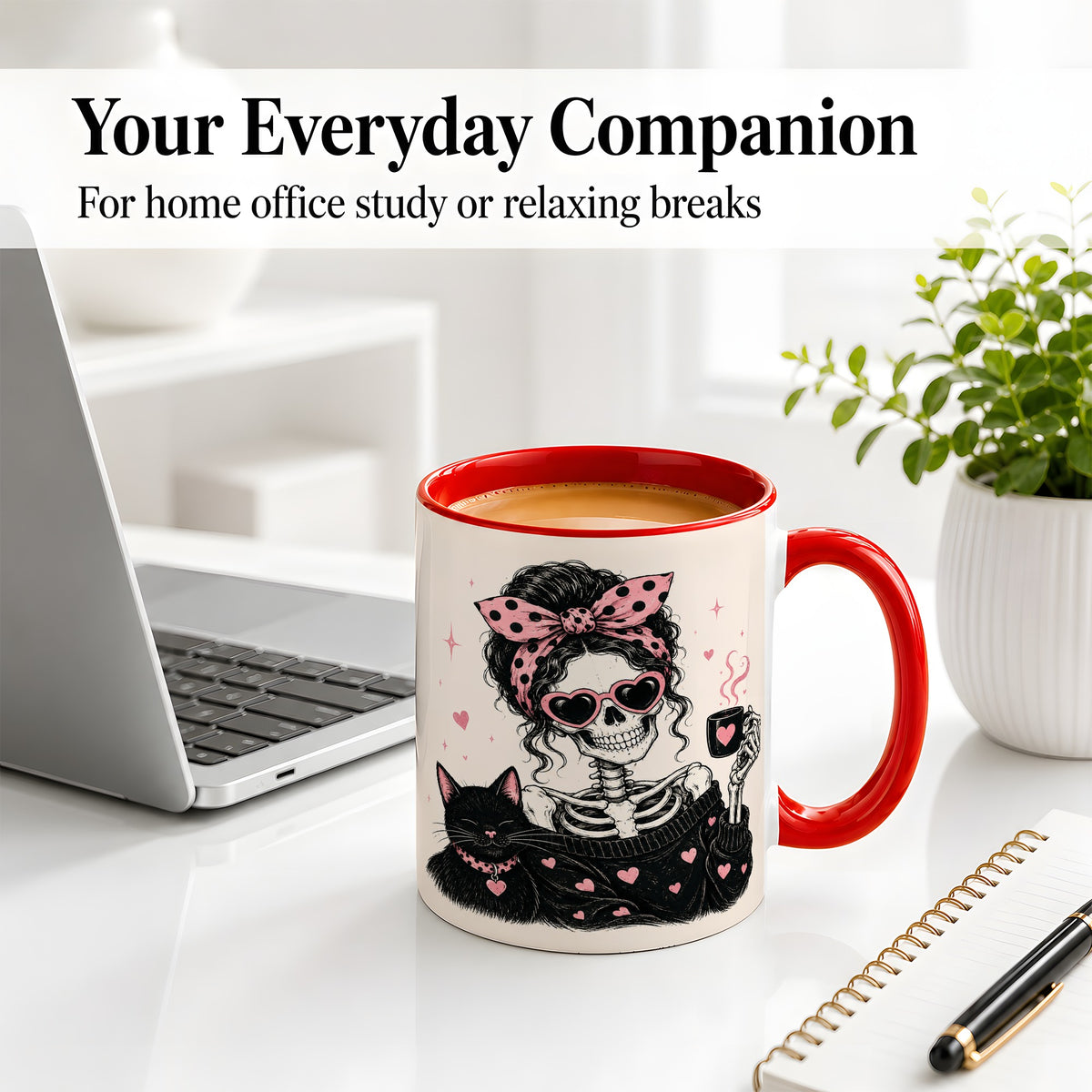 #pl[11oz|Red] Pink Skeleton Cat Ceramic Mug, Heart Glasses Coffee Artwork