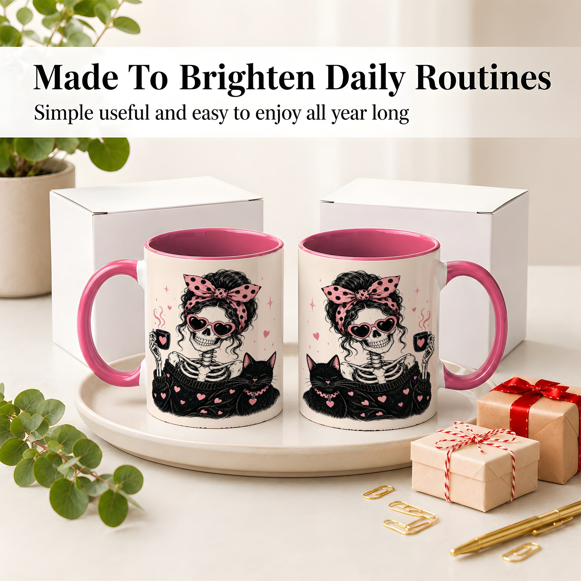 #pl[11oz|Pink] Pink Skeleton Cat Ceramic Mug, Heart Glasses Coffee Artwork