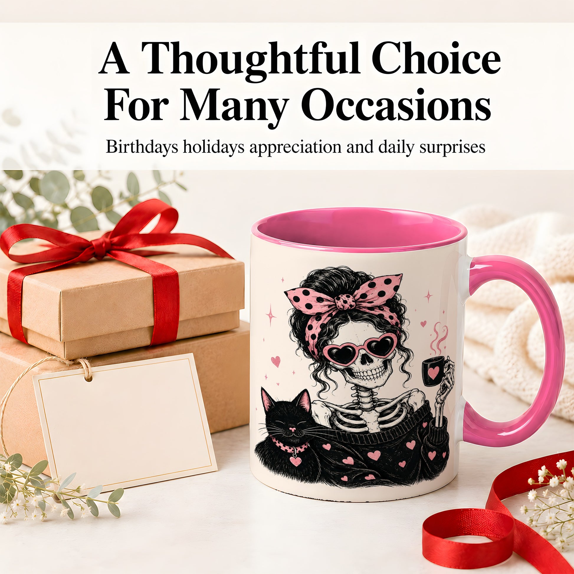 #pl[11oz|Pink] Pink Skeleton Cat Ceramic Mug, Heart Glasses Coffee Artwork