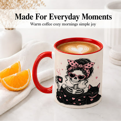 #pl[11oz|Red] Pink Skeleton Cat Ceramic Mug, Heart Glasses Coffee Artwork