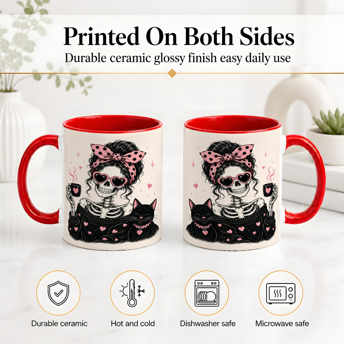 #pl[11oz|Red] Pink Skeleton Cat Ceramic Mug, Heart Glasses Coffee Artwork