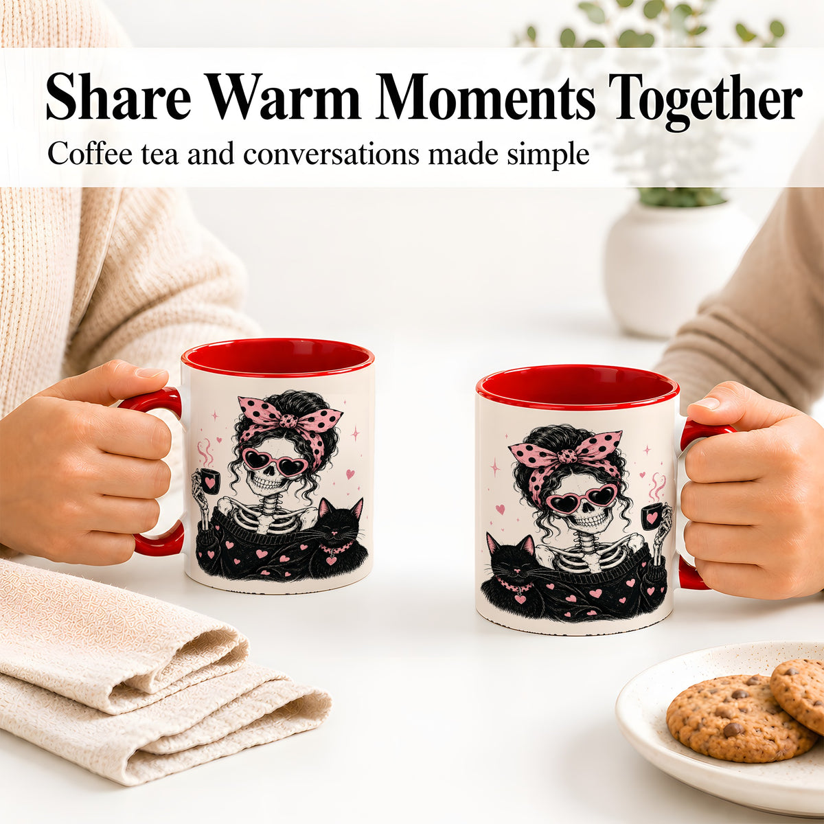 #pl[11oz|Red] Pink Skeleton Cat Ceramic Mug, Heart Glasses Coffee Artwork