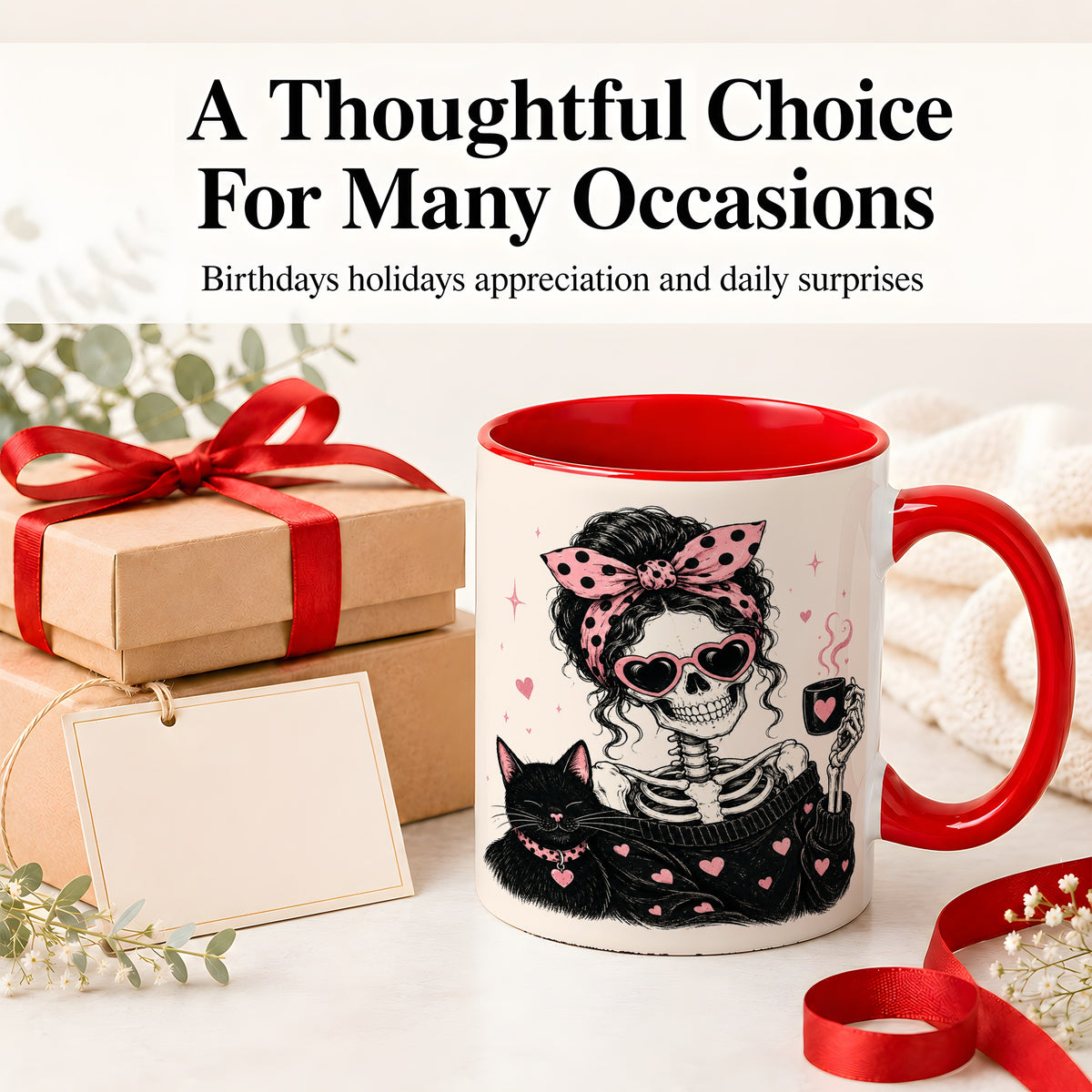 #pl[11oz|Red] Pink Skeleton Cat Ceramic Mug, Heart Glasses Coffee Artwork