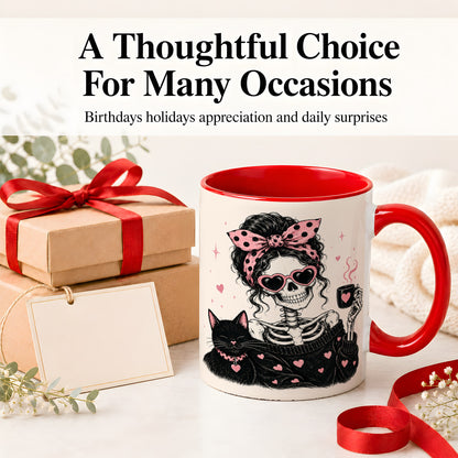 #pl[11oz|Red] Pink Skeleton Cat Ceramic Mug, Heart Glasses Coffee Artwork
