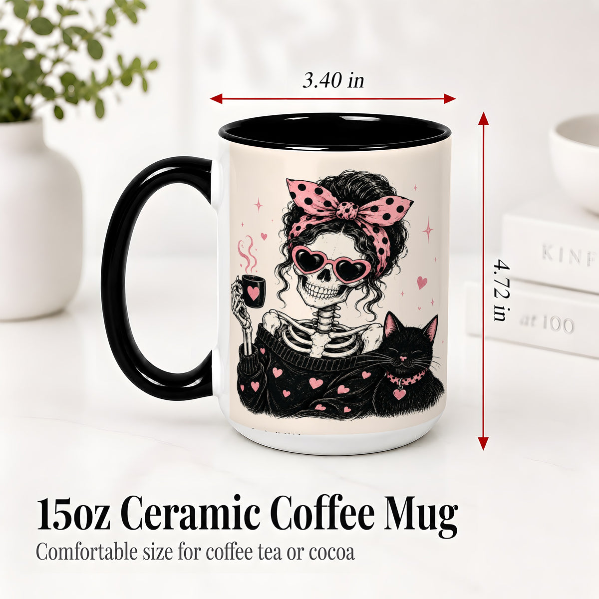 #pl[15oz|Black] Pink Skeleton Cat Ceramic Mug, Heart Glasses Coffee Artwork