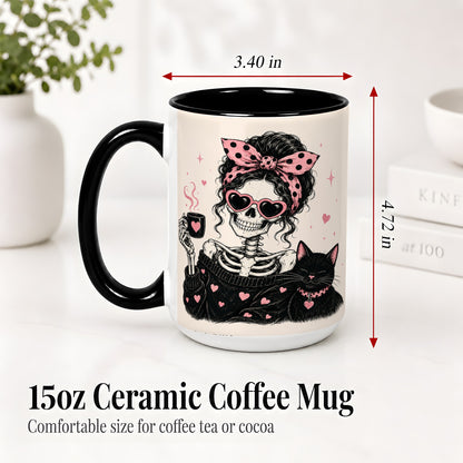 #pl[15oz|Black] Pink Skeleton Cat Ceramic Mug, Heart Glasses Coffee Artwork