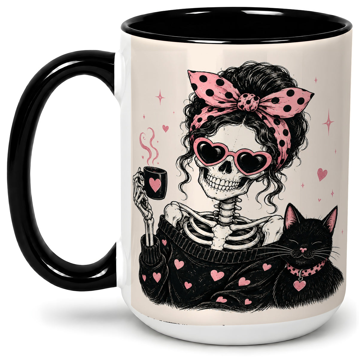 #pl[15oz|Black] Pink Skeleton Cat Ceramic Mug, Heart Glasses Coffee Artwork