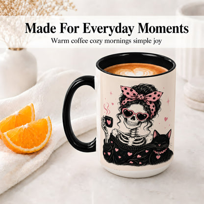 #pl[15oz|Black] Pink Skeleton Cat Ceramic Mug, Heart Glasses Coffee Artwork