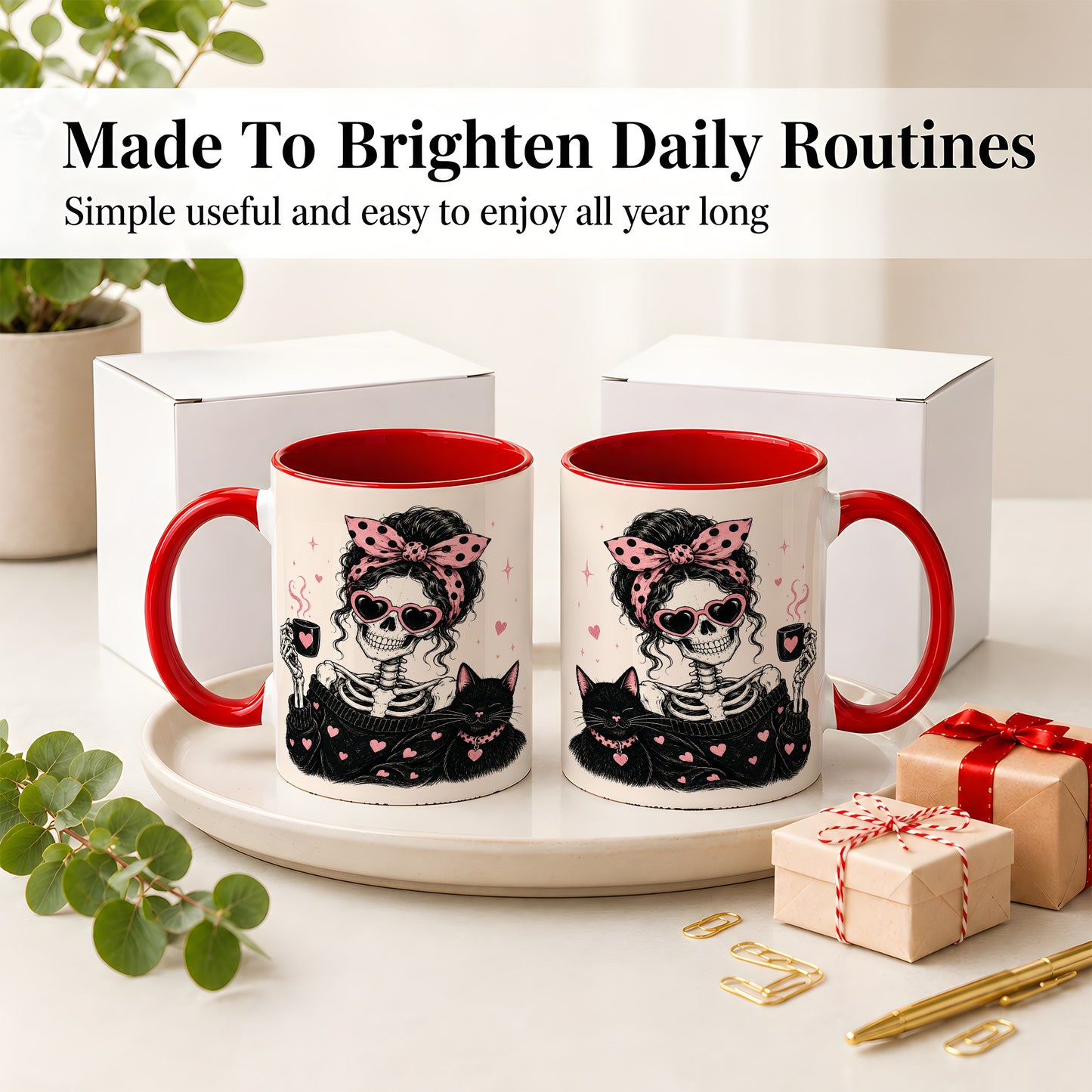 #pl[11oz|Red] Pink Skeleton Cat Ceramic Mug, Heart Glasses Coffee Artwork