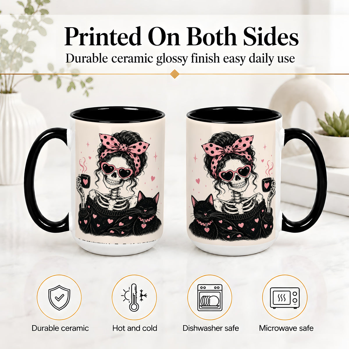 #pl[15oz|Black] Pink Skeleton Cat Ceramic Mug, Heart Glasses Coffee Artwork