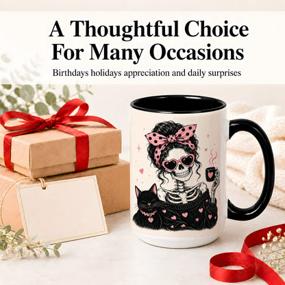 #pl[15oz|Black] Pink Skeleton Cat Ceramic Mug, Heart Glasses Coffee Artwork
