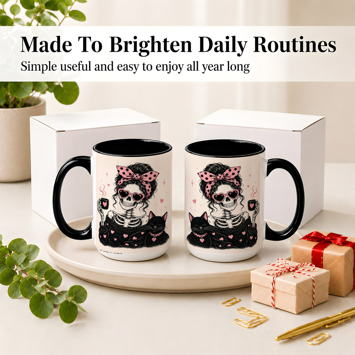 #pl[15oz|Black] Pink Skeleton Cat Ceramic Mug, Heart Glasses Coffee Artwork