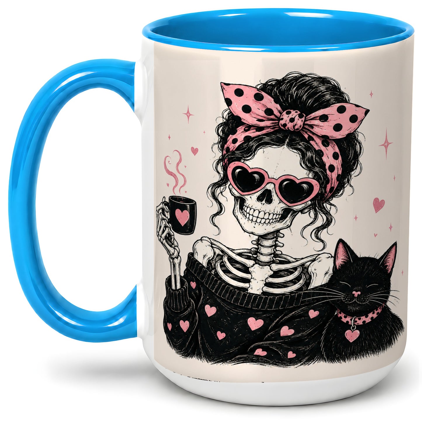 #pl[15oz|Blue] Pink Skeleton Cat Ceramic Mug, Heart Glasses Coffee Artwork