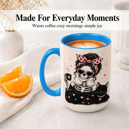 #pl[15oz|Blue] Pink Skeleton Cat Ceramic Mug, Heart Glasses Coffee Artwork