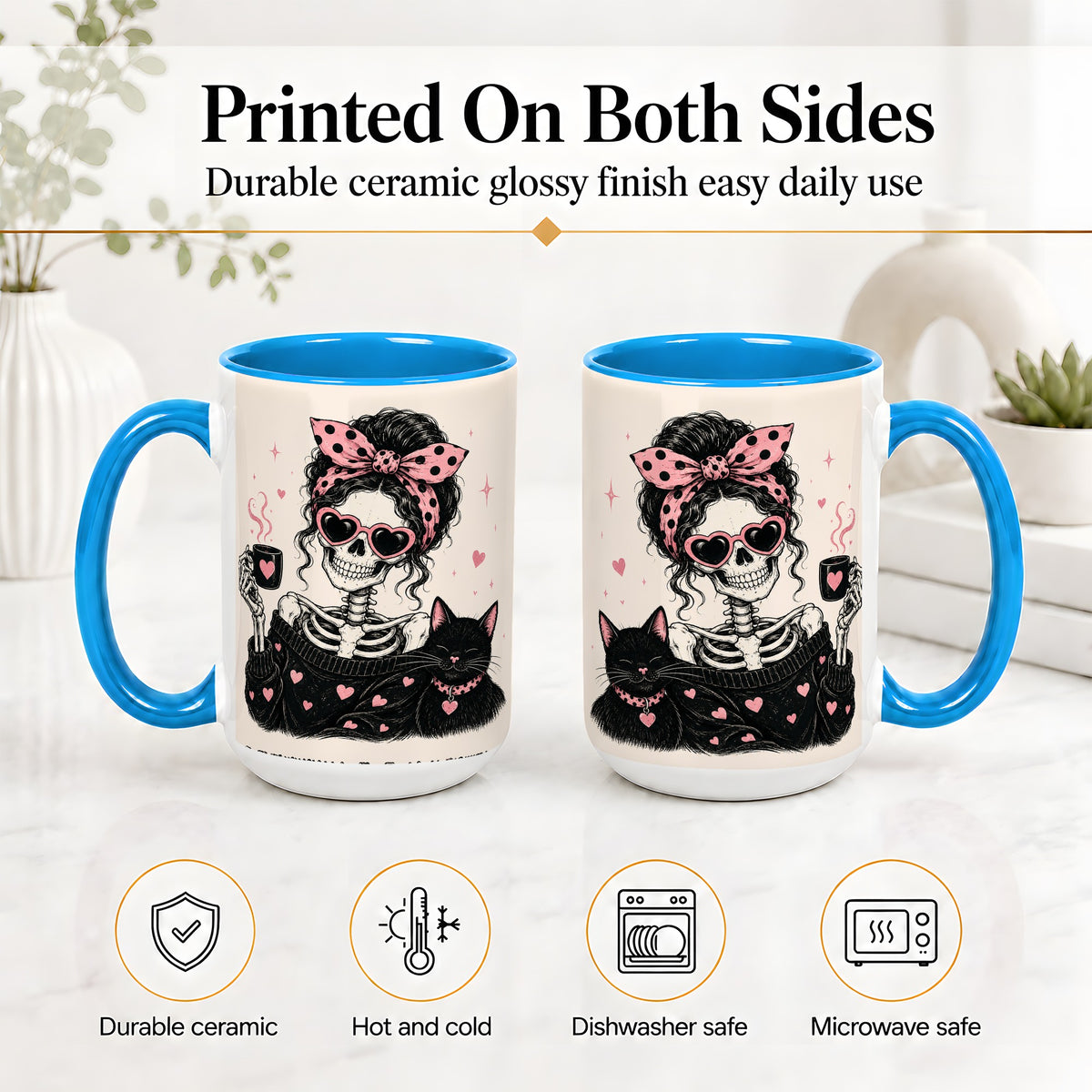#pl[15oz|Blue] Pink Skeleton Cat Ceramic Mug, Heart Glasses Coffee Artwork