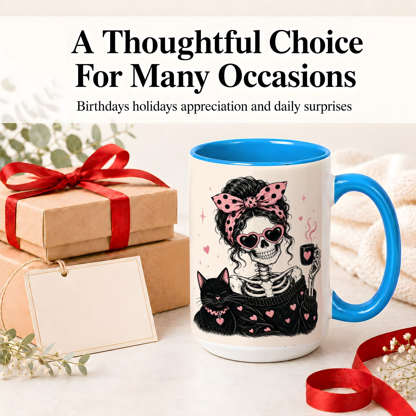 #pl[15oz|Blue] Pink Skeleton Cat Ceramic Mug, Heart Glasses Coffee Artwork