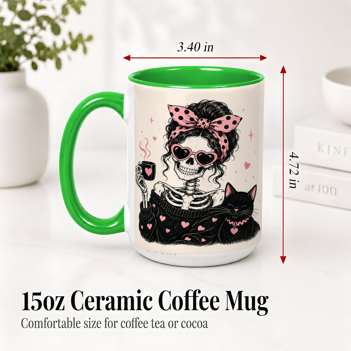 #pl[15oz|Green] Pink Skeleton Cat Ceramic Mug, Heart Glasses Coffee Artwork