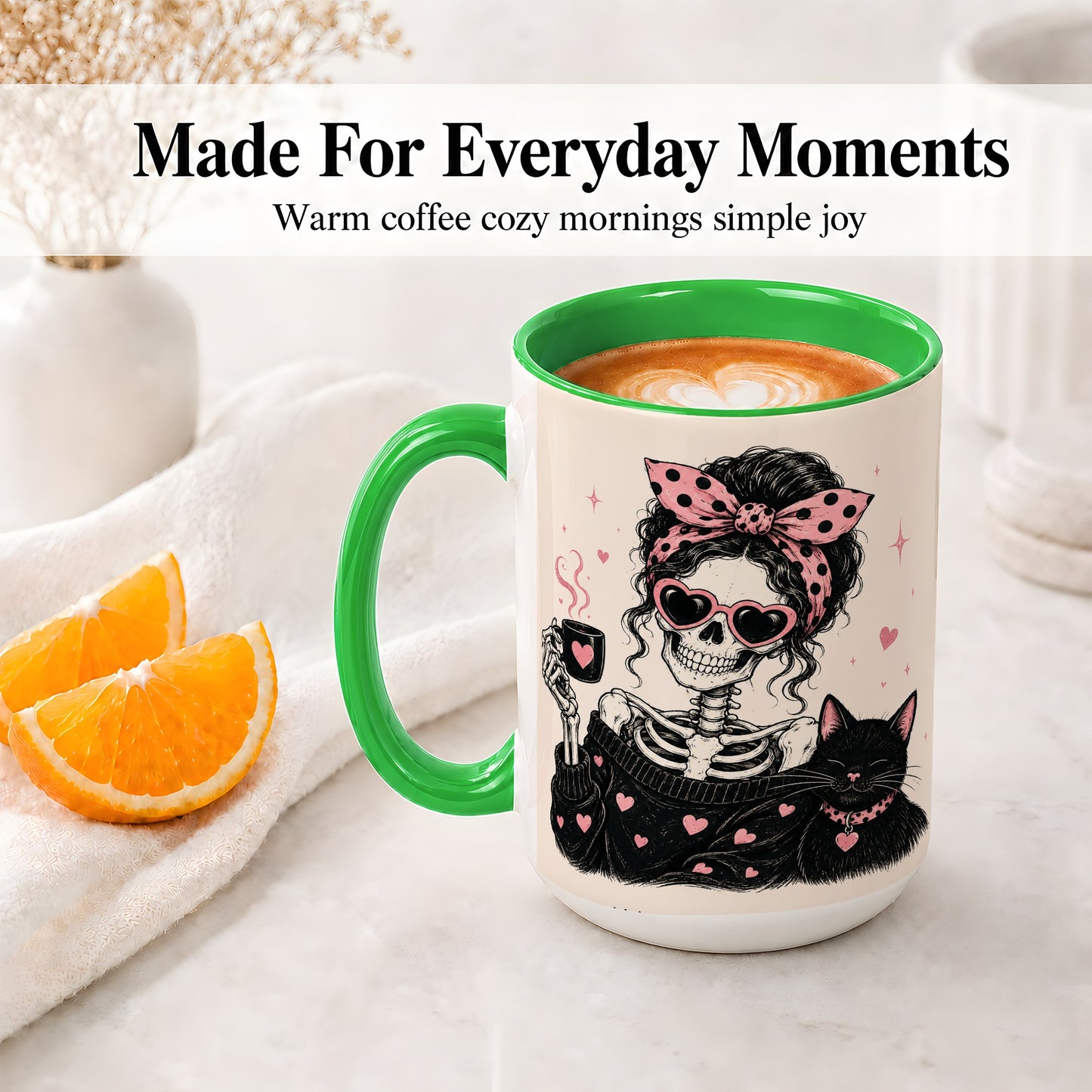 #pl[15oz|Green] Pink Skeleton Cat Ceramic Mug, Heart Glasses Coffee Artwork
