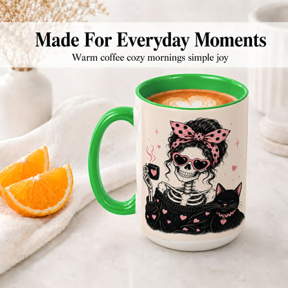 #pl[15oz|Green] Pink Skeleton Cat Ceramic Mug, Heart Glasses Coffee Artwork