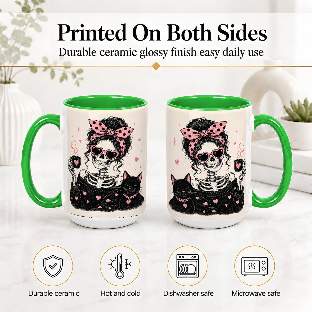 #pl[15oz|Green] Pink Skeleton Cat Ceramic Mug, Heart Glasses Coffee Artwork