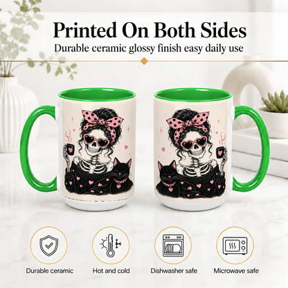 #pl[15oz|Green] Pink Skeleton Cat Ceramic Mug, Heart Glasses Coffee Artwork