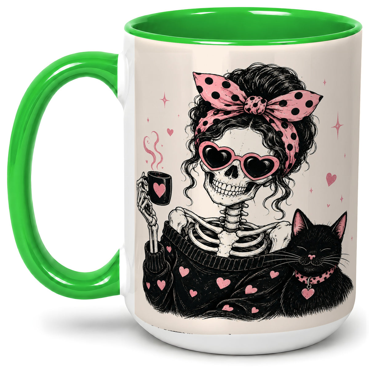#pl[15oz|Green] Pink Skeleton Cat Ceramic Mug, Heart Glasses Coffee Artwork