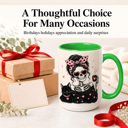 #pl[15oz|Green] Pink Skeleton Cat Ceramic Mug, Heart Glasses Coffee Artwork