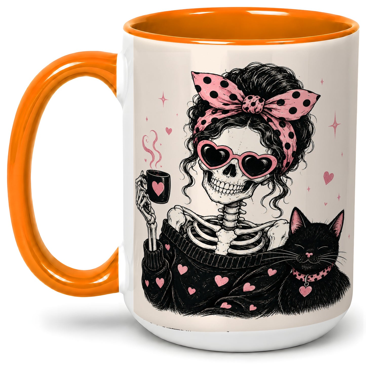 #pl[15oz|Orange] Pink Skeleton Cat Ceramic Mug, Heart Glasses Coffee Artwork