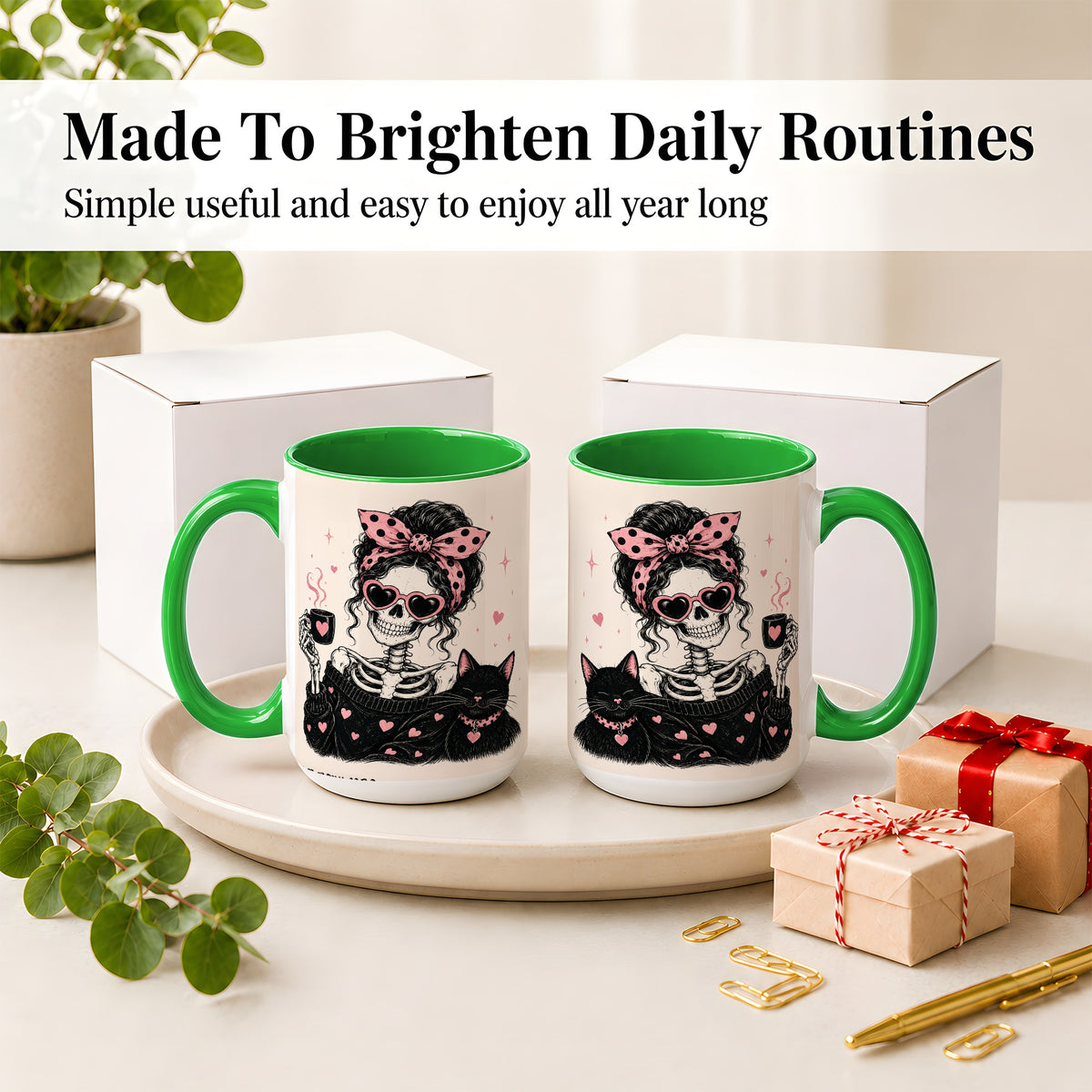 #pl[15oz|Green] Pink Skeleton Cat Ceramic Mug, Heart Glasses Coffee Artwork