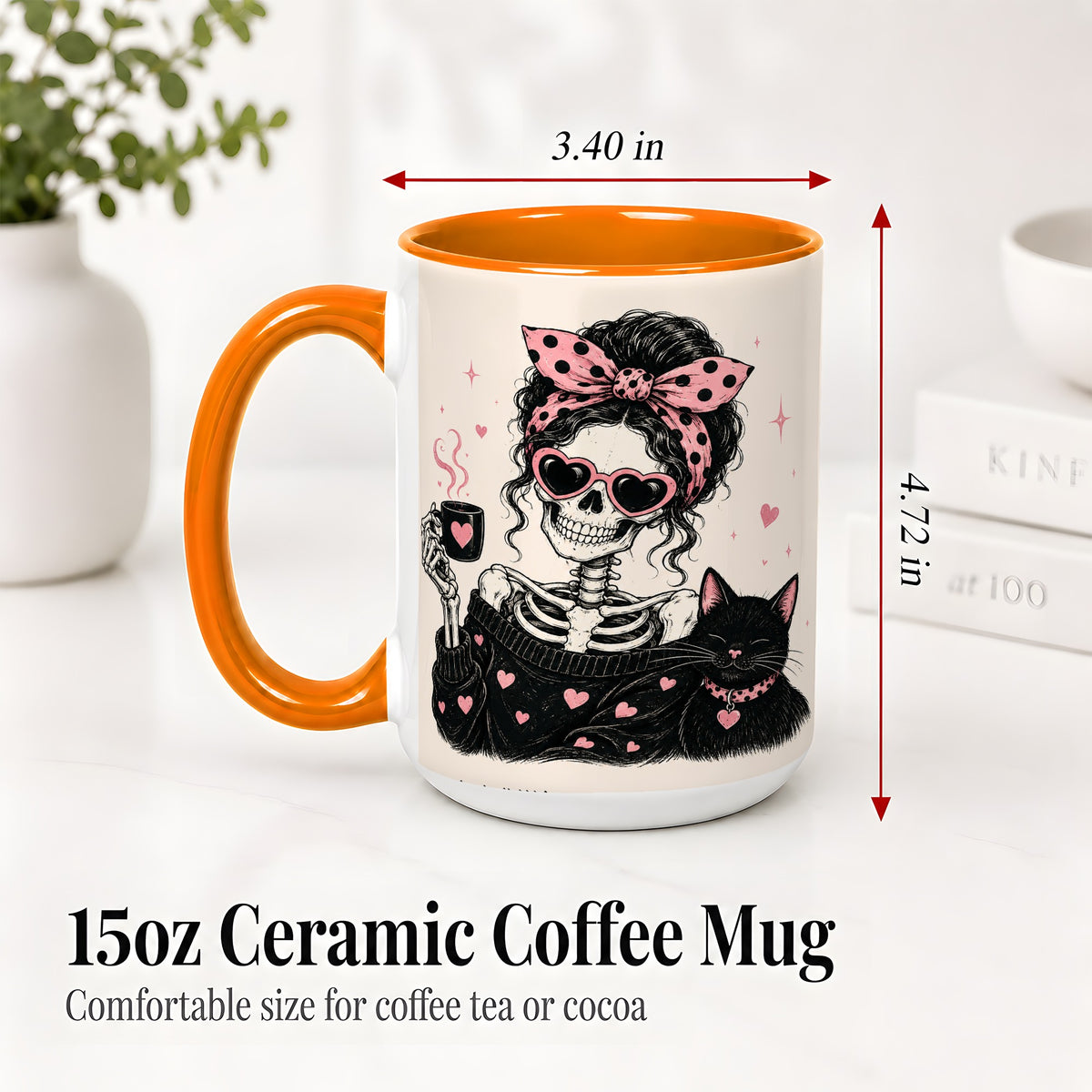 #pl[15oz|Orange] Pink Skeleton Cat Ceramic Mug, Heart Glasses Coffee Artwork