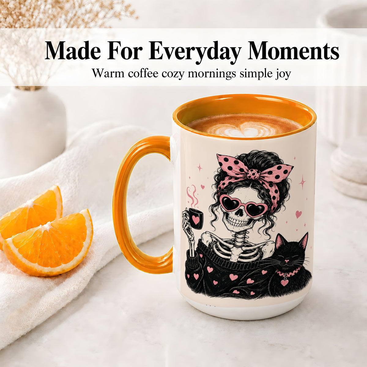#pl[15oz|Orange] Pink Skeleton Cat Ceramic Mug, Heart Glasses Coffee Artwork