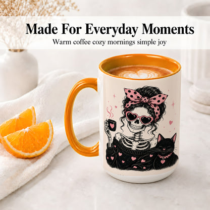 #pl[15oz|Orange] Pink Skeleton Cat Ceramic Mug, Heart Glasses Coffee Artwork