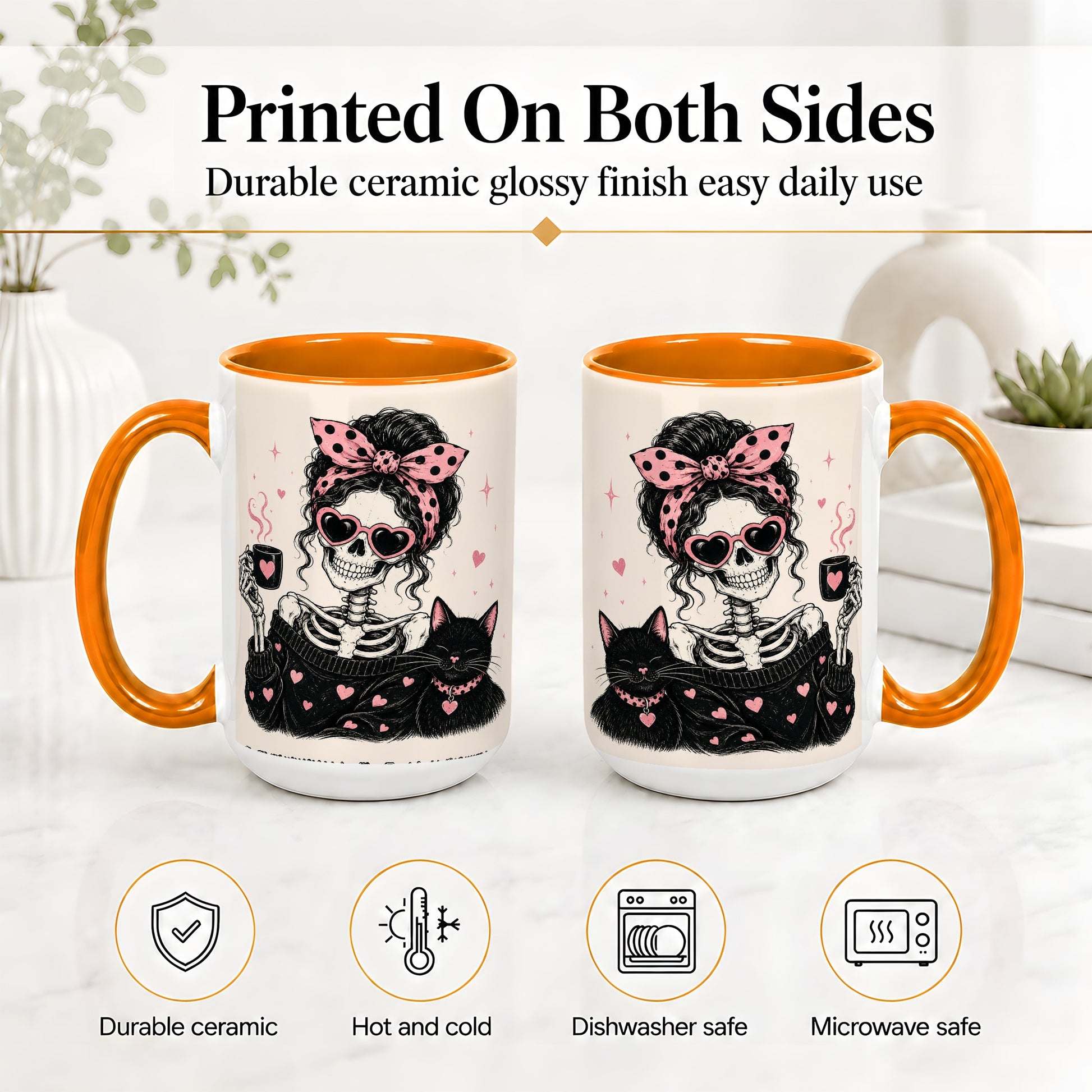 #pl[15oz|Orange] Pink Skeleton Cat Ceramic Mug, Heart Glasses Coffee Artwork